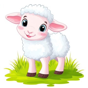 A cute cartoon lamb with fluffy white wool and big eyes, standing on green grass, conveying a playful and friendly vibe.