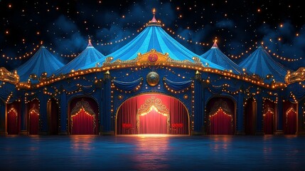 A Grand Circus Tent Under a Starry Night with Red Curtains