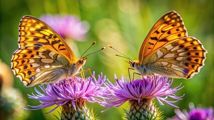Mating silver washed fritillarys on Centaurea flower
