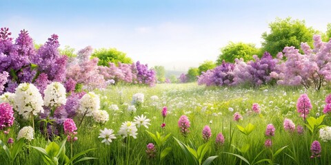 Fototapeta premium Meadow flowers and lilacs on white background panoramic