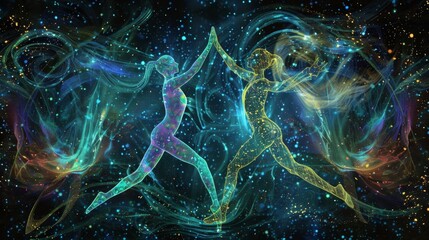 A series of partner poses emphasizing the entanglement between two individuals and the cosmic entanglement of all beings.