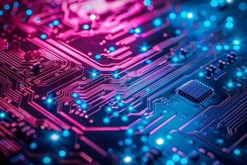 Obraz premium Vibrant Circuit Board with Glowing Lights and Intricate Patterns
