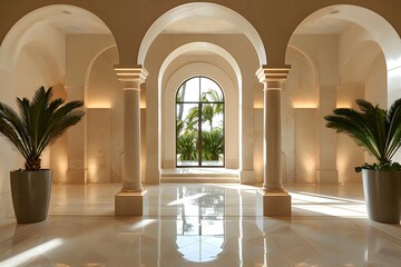 Fototapeta premium Elegant Lobby with Arched Architecture and Lush Greenery