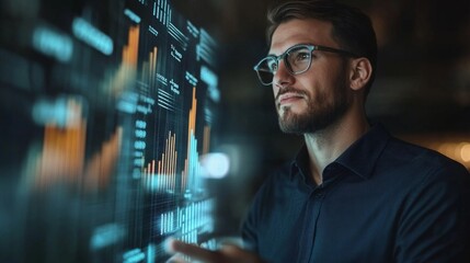 Business analyst examines digital data with interactive display