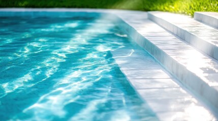 Obraz premium The sun casts ripples of light across the surface of a pool, creating a serene visual of clear blue water and pristine steps, embodying relaxation and escape.