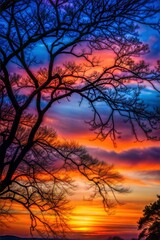 Obraz premium Silhouette of tree against vibrant sunset vivid sky