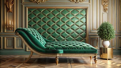 Luxurious Emerald Green Velvet Chaise Lounge with Geometric Gold Wall Pattern for Opulent Modern Interior Design