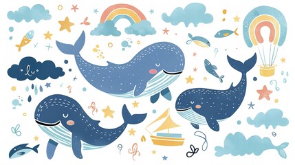 Hand drawn stickers of wheals and clouds rainbows with sun and moons on a clean white surface for printing or poster use an illustrative work, Generative AI.