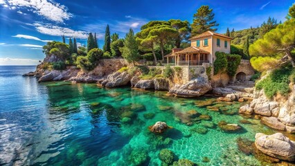 Mediterranean house with cypress trees, rocky cliffs, private cove, crystal clear waters