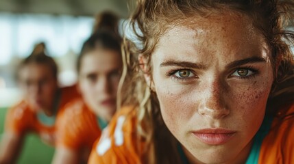 Obraz premium A determined young athlete in an orange jersey stares intently ahead, embodying focus and commitment, ready to excel in an intense competitive sports setting.