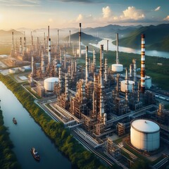 Fototapeta premium Aerial View of a Large Industrial Oil Refinery Complex