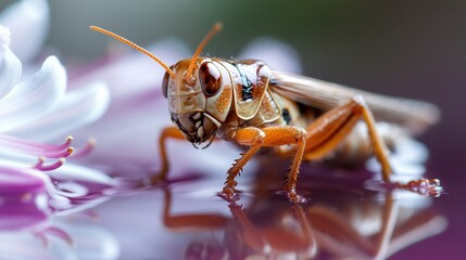 Fototapeta premium A captivating side view of a grasshopper peeking into water, surrounded by blurred floral petals, capturing the intricate details of the insect's body and environment.