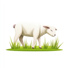 A cute cartoon sheep grazes on green grass, embodying a tranquil pastoral scene, ideal for pastoral themes and agricultural illustrations.