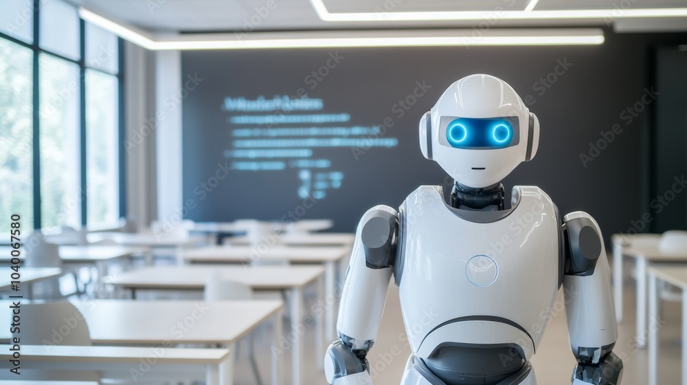 Poster A robot conducting interactive learning sessions in a modern educational facility with high-tech classrooms and clean, organized spaces, Educational tech style