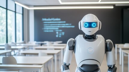 A robot conducting interactive learning sessions in a modern educational facility with high-tech classrooms and clean, organized spaces, Educational tech style