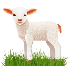 Obraz premium A cute white lamb stands on green grass, featuring soft wool and playful expression, symbolizing innocence and nature.