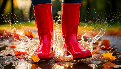 Red Rain Boots Splashing in Autumn Puddle