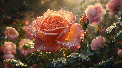 Close-up of a vibrant rose with morning dew droplets on its petals, surrounded by blooming peonies and jasmine, soft sunlight highlighting the delicate details, the sweet floral scent filling the air,