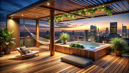 Obraz premium Luxurious Penthouse Terrace with Jacuzzi and City Views in Acacia Wood Design