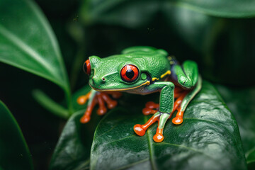 Fototapeta premium The image features a green frog perched on a leaf. The frog has vibrant red eyes and a yellow stripe on its head. The background is blurred, making it difficult to discern any specific details.