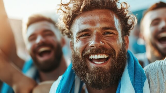 A delighted man with unruly hair is shown with friends, all joyfully cheering at a sports event, capturing a moment of spirited camaraderie and infectious enthusiasm.