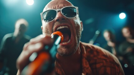 An excited performer sings energetically in a vibrant concert, delivering raw vocal power and captivating the audience with spirited presence and musical artistry.