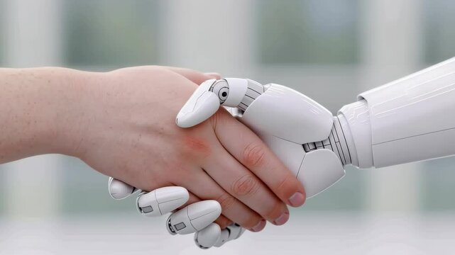 Human Hand Shaking with Robot Hand Symbolizing Technology Partnership, Innovation, and Future Connection