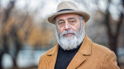 The image shows a bearded old man wearing a hat and a suit.