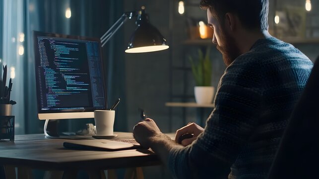 Man working late on a coding project.
