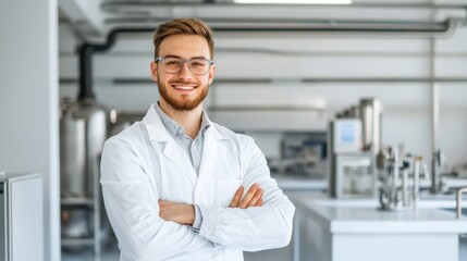 Aspiring researcher standing proud in a state-of-the-art lab, arms crossed, highlighting the dedication and enthusiasm in the scientific field