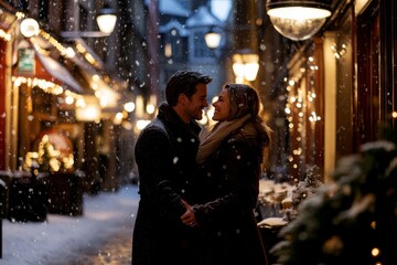 A couple warmly dressed stands embraced in a charming, snow-covered street adorned with festive lights, creating a romantic winter wonderland scene.