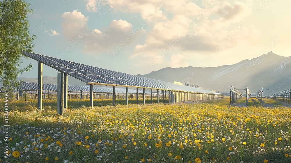 Wall mural solar farm installation in broad daylight, capturing the sunâ€™s energy to produce sustainable power