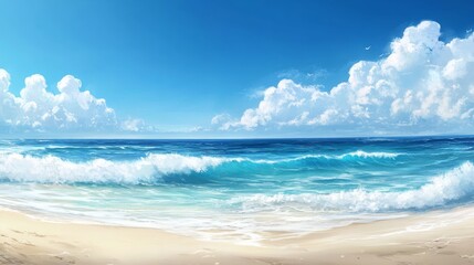 Obraz premium Panoramic beach view with crashing waves and wide stretches of sand under clear blue skies.