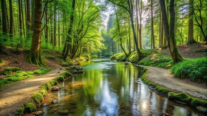 Obraz premium Medium shot of a small river winding through a forest with a scenic path