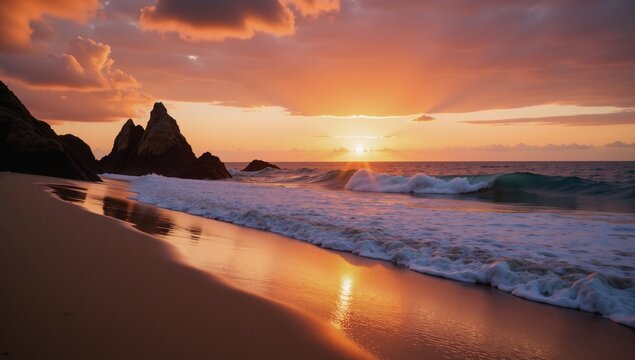 Oceanic landscape featuring a tranquil beach with blue water and golden sand