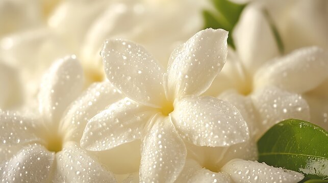 Close-up of jasmine and gardenia flowers covered in morning dew, soft sunlight filtering through the petals, the sweet floral fragrance of jasmine blending with a touch of musk,