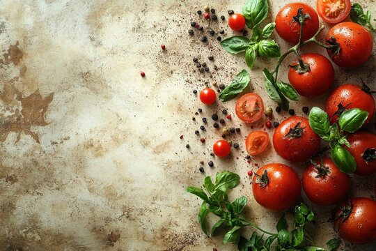 Fresh vine-ripened tomatoes with basil and spices arranged on a rustic countertop