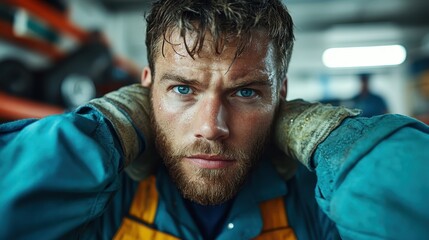 A rugged car mechanic with a determined look peers intently at the viewer while adjusting his gloves in the dimly lit environment of a car workshop.