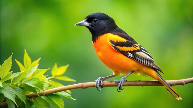 Medium shot of Baltimore Oriole perched on branch against soft green background
