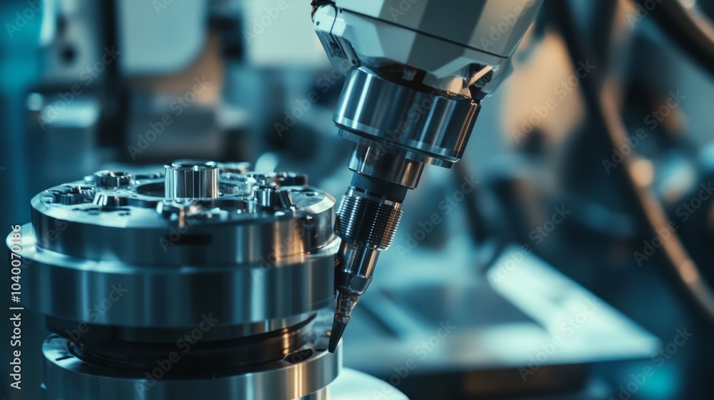 Fototapete A robot conducting precision machining in a high-tech CNC workshop with automated tools, clean and detailed environment, Machining-tech style