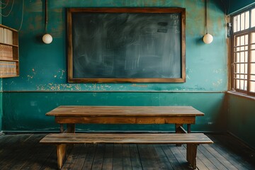 Rustic Classroom Setting with a Chalkboard and Wooden Table
