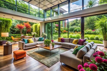 Naklejka premium Luxury Modern Living Room with Floor-to-Ceiling Windows and Lush Garden View - Elegant Design, Natural Light,