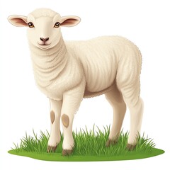 Obraz premium A cute cartoon sheep standing on green grass, showcasing its fluffy white wool and friendly expression, perfect for children's illustrations or farm themes.