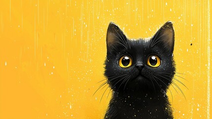 A cartoon-style black cat standing in the rain against a bright yellow backdrop, showcasing its playful demeanor amidst the downpour.