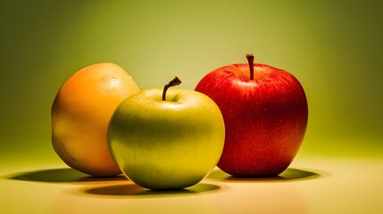 Three apples, one yellow, one green, and one red, on a green background.