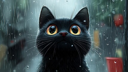 A cartoon-style black cat sitting in the rain against a muted grey backdrop, capturing a whimsical yet somber atmosphere.