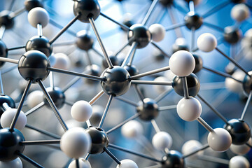A close-up view of a molecular structure featuring interconnected black and white spheres, representing atoms within a lattice formation.