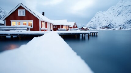 An inviting winter retreat features a red house by a snowy lake, with a pathway leading across the snow, evoking coziness and peaceful seclusion in a winter wonderland.