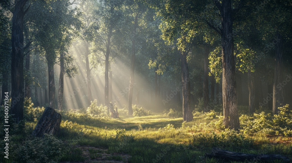 Poster a forest with trees and sunlight shining through the leaves
