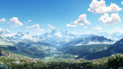 Panoramic mountain views with beautiful landscapes of rolling hills, snow-capped peaks and clear blue skies offer a stunning natural perspective.